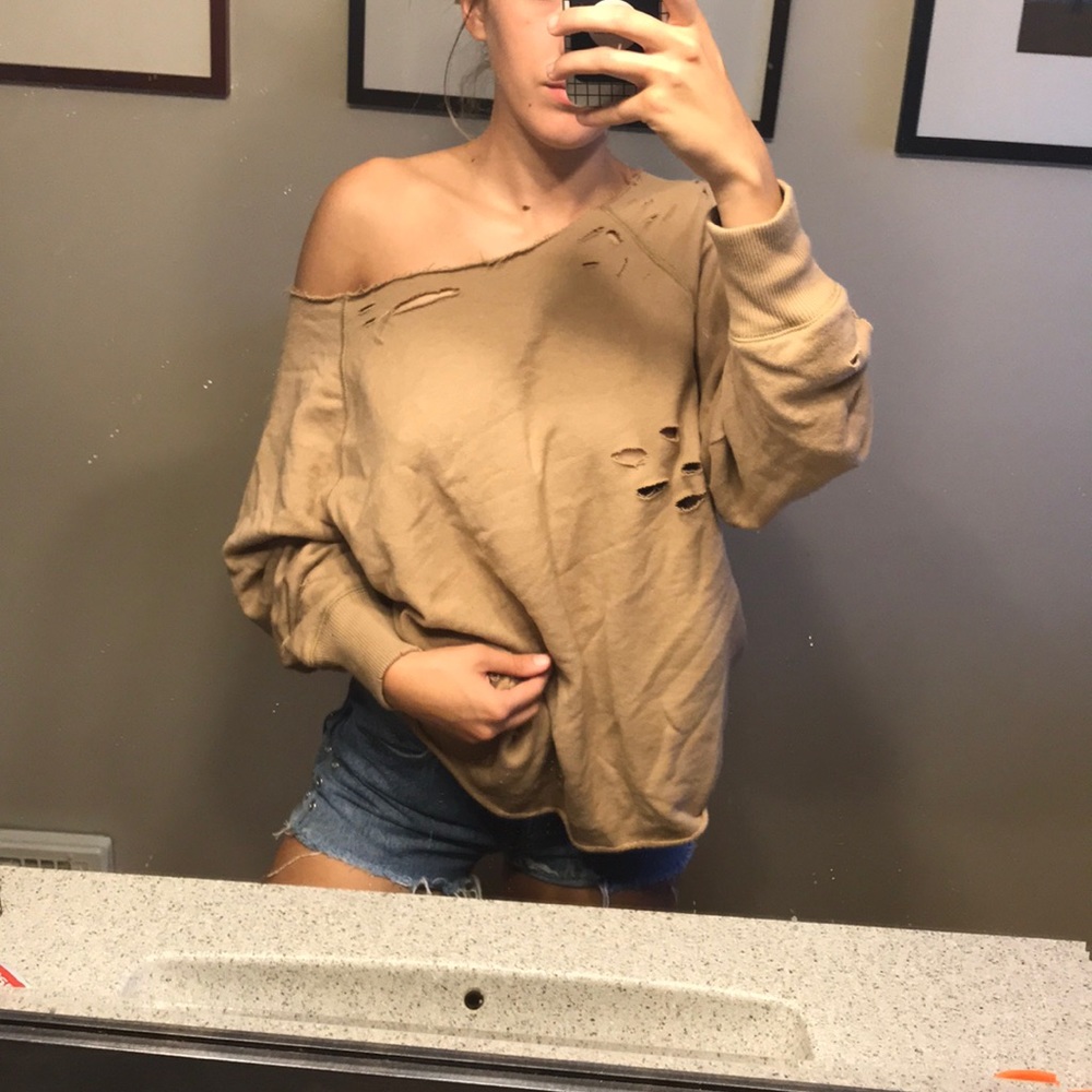 Distressed oversized off the shoulder sweatshirt